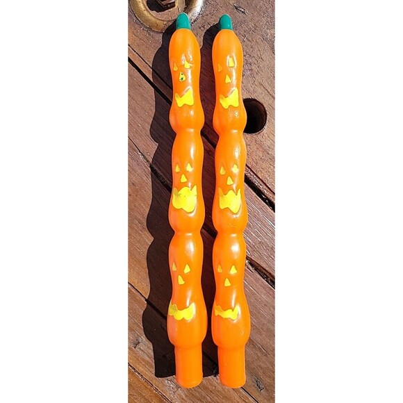 Russ Holiday Pumpkin Sculpted Taper Candles Set of 2 Jack O Lantern Novelty - Picture 2 of 4